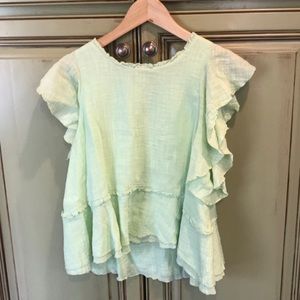Anthro Pale lime top with peplum. Size M